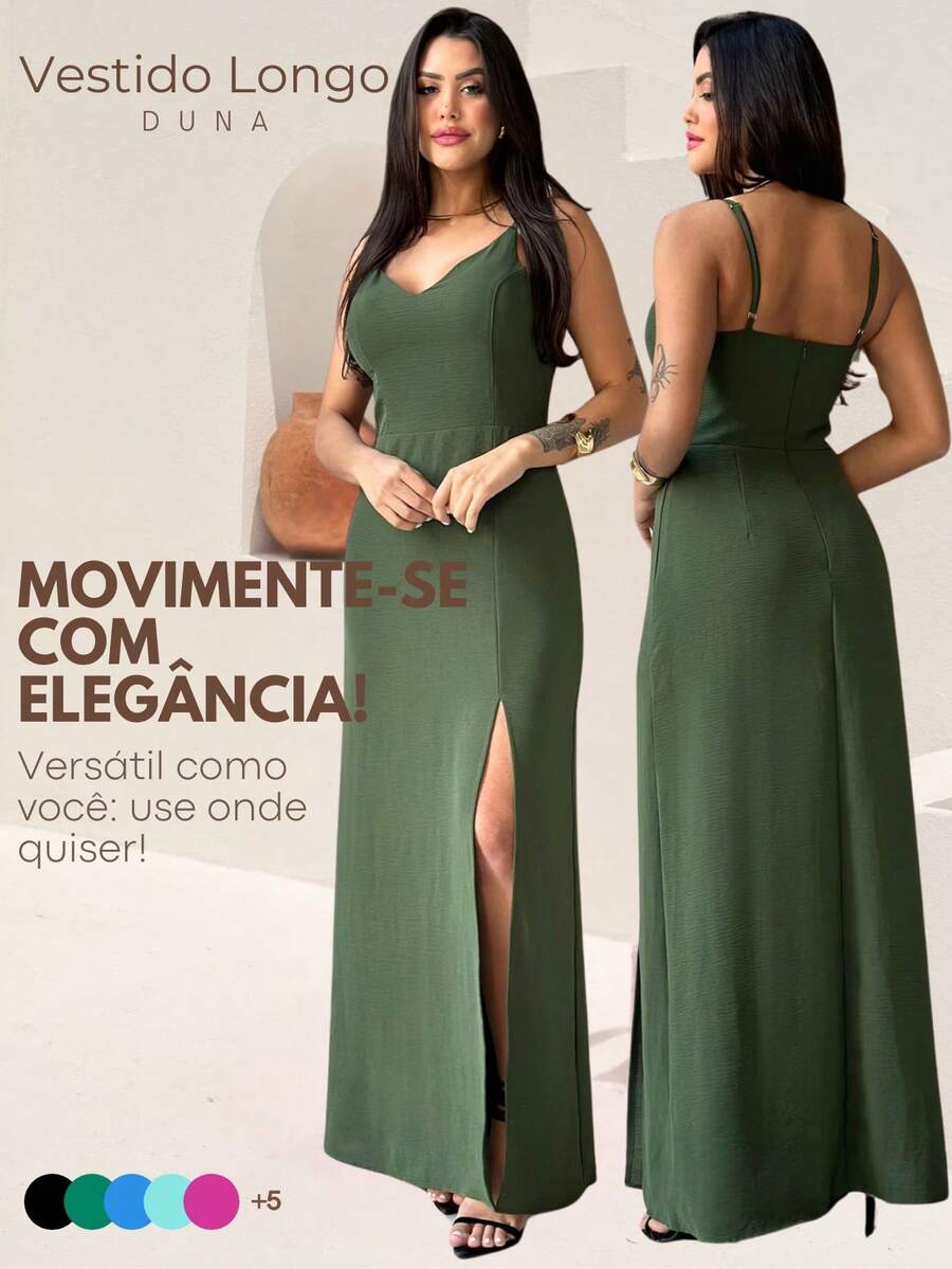 Long Plain Dress With Slit And Adjustable Straps For Wedding Party Bridesmaid Guest - Hijau Tentara - View 1