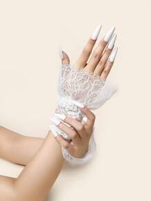 1Pair Lace Wrist Cuffs With Elastic, Decorative Fingerless Gloves For Spring Autumn Halloween