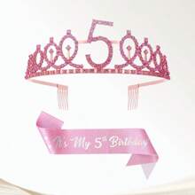 2pcs/Set 4th 5th 6th 7th 8th 9th 10th 12th 13t 16th Birthday Gift Party Favor Rhinestone Crown Jewelry Peony Ribbon Number Etiquette Rose Flower Shoulder Strap Onion Powder Cloth Belt Holiday Dress Up Set Fashion Number Delicate Crown Tiara Hair Accessories It's My Birthday For Pink