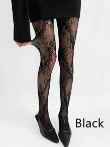 1 par de pantimedias retro francesas de alta gama con encaje de rosa, mallas de gran elasticidad, calcetines ajustadores de jacquard calados