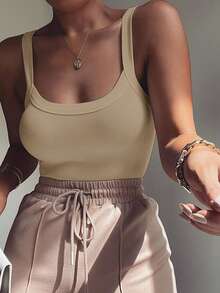 ChicMe U Neck Sleeveless Spaghetti Strap Ribbed Bodysuit Slim Fit Stretchy Basic Tank Top Classic Versatile Layering Shirt For Women - Khaki - View 6