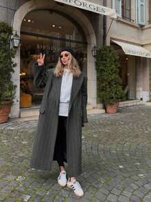 New Autumn/Winter Fashion Women Retro Elegant England Style Windbreaker Large Faux Wool Back Vent Long Overcoat - 深灰色 - 查看 9