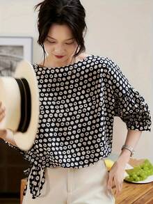 Luźny krój, damska koszulka z okrągłym dekoltem i ściągaczem w pasie, z nadrukiem kwiatowym - luźny krój, poliester, kwiatowy wzór, idealna na wiosnę i lato, do noszenia na zewnątrz|Koszula|Koszula z nadrukiem, koszula damska