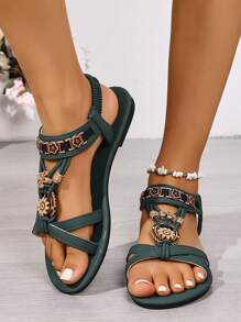 Women's Fashion Flat Sandals, Bohemian Beaded Floral Pattern, Suitable For Indoor And Outdoor, Comfortable, Elegant, Versatile, Casual, Beach Shoes