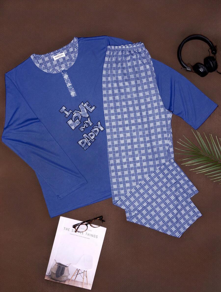 Pijamas Algodón  2piezas Casual Hombre 'I Love Papa ' Camisa Manga pantalon Larga Cómoda Ligera Fresca - azul real - Ver 1