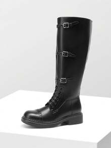 Women's  Black Motorcycle Boots Side Zipper Knee High Boots Square Toe Chunky Low Heel Buckle Decorated Straps Fashion Retro Riding Boots - 黑色 - 查看 7