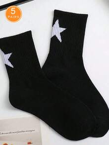 1/5/10 Pairs Unisex Casual Street Style Black & White Pentagram Patterned Mid-Calf Socks, Fashion & Versatile, Fall - Black and White - View 8