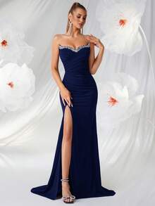 ADYCE Vestido largo de noche con hombros descubiertos y escote en V para fiesta de mujeres, decorado con rhinestones, con espalda sin tirantes y abertura, con cordones en la espalda, para cena, club, baile y banquete