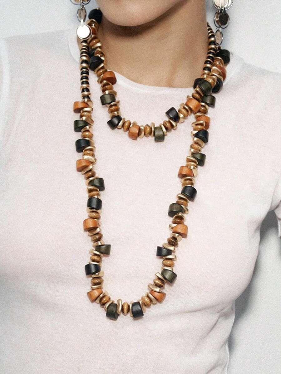 1pc Creative Casual Versatile Wooden CCB Double Layered Rhinestone Necklace For Women - Beaded Necklace - View 1