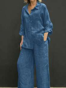 轻盈 Polo 领休闲开衫，百搭纯色优雅上衣，适合海滩、日常、通勤、工作、购物等场合，面料柔软，搭配松紧腰宽松长裤，两件套，春夏秋三季皆宜。 - 藍色 - 查看 8