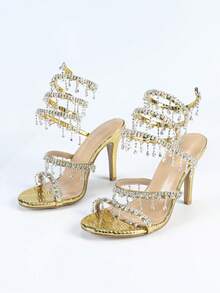 Women's Stiletto Heeled Sandals, Fashion Minimalist Strap With Rhinestone Snake Wrap Round Toe, Basic Style For Summer & Autumn - Gold - View 9