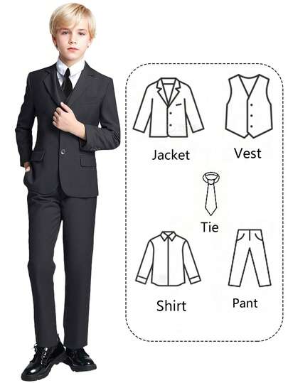 5pcs Boys Suit Set, Toddler Tuxedo Formal Wear, Wedding Pageboy Outfit, Includes Jacket, Vest, Pants, Shirt, Tie, Children Formal Suit, Dark Gray, Size 6-14 Years