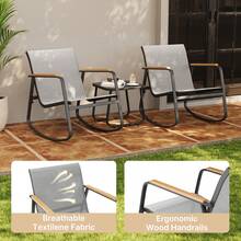 Lofka 3 Piece Rocking Bistro Set, Textilene Fabric Patio Furniture Set, Front Porch Rocker Chairs With Coffee Table For Lawn, Garden, Balcony, Poolside ,Outdoor Furniture - 灰色 - 查看 6