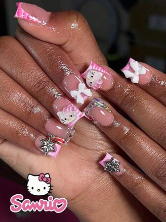  24PCS Short Square Fake Nail HelloKitty Pink French Stripe Sanrio White Bow Pointed Nail Art Cute Chrome Alloy Acrylic Press On Nail Gel Nail Art Nail Supplies Art Nail Set (Attached: A Piece Of Jelly Gel And File) Suitable For Women's Daily Dating Party