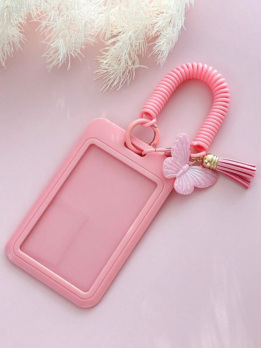 1pc Macaron Color Butterfly Tassel Retractable Spring Card Holder, ID Card Case, Durable Anti-Drop, Badge Clip With Keychain, ID & Credit Card Protector, Suitable For Students, Office And Daily Use, Fashion Accessory