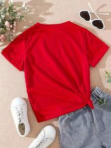 Camiseta básica para mujer de manga corta y cuello redondo con impresión de imitación de pedrería con grafico de cherrys plateada - Rojo - Ver 2