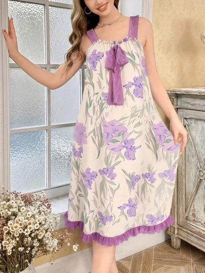 Sleeveless Lace Bow Detail Nightgown, Lightweight Polyester, Suitable For All Seasons, Adult Casual Sleepwear Nightdress, Floral Print, Comfortable Lace Dress, Moo Moo