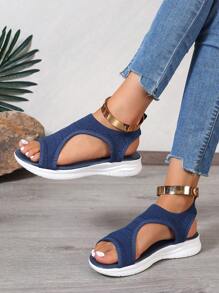 Sandalias deportivas de punto, sandalias con suela gruesa en blanco y negro, sandalias de estilo bohemio de retazos con diseño hueco para vacaciones, calzado casual de suela blanda para playa y verano para mujeres