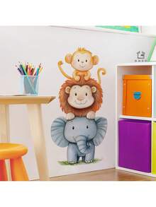 1pc Watercolor Cute Animal Wall Sticker - Elephant And Monkey Design - PVC Self-Adhesive Mural - Suitable For Game Room/Kids Room Decor, Living Room, Door, Kindergarten, Classroom, Home Decor & Gift