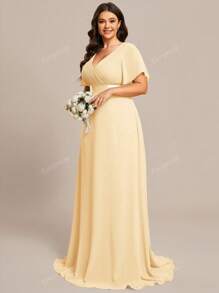 EVER-PRETTY Plus Size Elegant V Neck Ruched Bust Bridesmaid Dress Butter Yellow Formal Dresses For Summer Graduation Party