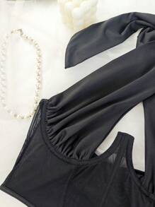 1pc Sheer Mesh Sexy Bustier Crop Top, Lace-Up Spaghetti Strap Corset Vest For Party