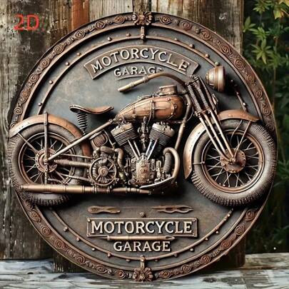 Vintage Motorcycle Garage Round Wooden Sign - 20.32x20.32 Cm 2D Wood Art, Nostalgic Wall Decor For Home, Garage, Cafe - Rustic Bronze Finish With Ornate Detailing, Cafe Wall Art|Vintage Wall Art|Rustic Design, Motorcycle Decor