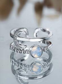 1 pièce Bague ouverte femme à la mode et mignonne avec design de ligne creuse de lune et lapin, pierre CZ. Convient pour date, soirée, anniversaire, vacances