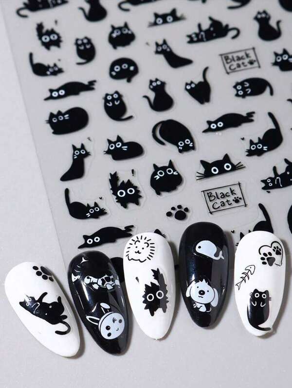 2pcs Cute Black Cat Nail Stickers 3D Cartoon Animal Self-Adhesive Nail Art Decals Sliders Decorations Manicure Accessories DIY