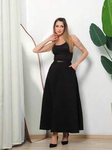 Women's Long Round Skirt Tailored Oxford Fashion Evangelical Casual Basic Winter High Waist Elegant - 黑色 - 查看 2