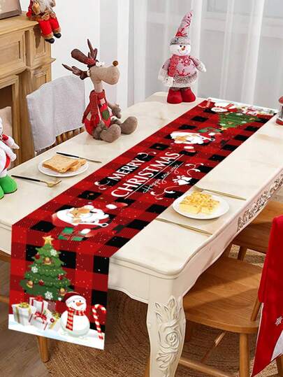 1pc Christmas Table Runner, Red Black Checkered Santa Claus Design Tablecloth, Polyester Table Runners, Table Cover, Table Cloth Perfect Decoration For Christmas Decor, Christmas Party Decor, Room Decor Table Decor Home Decor Kitchen Decor, Xmas Decoration, Christmas Ornaments, Christmas Decor, Decor