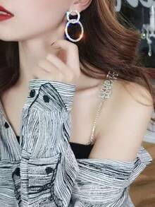 1 Pair Fashionable European & American Style Vintage Minimalist Silver Geometric Heart Crystal Dangle Earrings - Silver - View 7