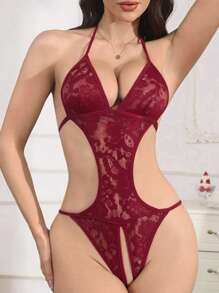 Women's Burgundy V-Neck,Lace Splicing,Backless And Sheer Mesh,Bow Decoration,Lace Up,Teddy Sexy Bodysuit ﻿