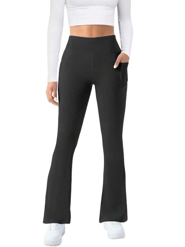 Plus Size Flare Yoga Pants For Women – High Waist Slim Fit Workout Leggings With Side Pockets
