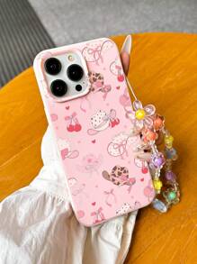 1 pieza Funda de teléfono a prueba de golpes con patrón de cerezas y flores de estilo occidental rosa, con cordón de flores hecho a mano, compatible con Apple XS, 11, 12, 13, 14, 15, 16, XR, 13 Pro Max, 16 Plus, 14 Pro, Xr, 14, 12 Pro y 15 Plus