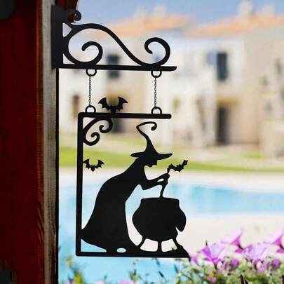 1pc Witch Silhouette Metal Wall Decor - Wrought Iron Halloween Decoration With Witch Hat And Cauldron, Garden Party Wall Hanging, Home And Garden Outdoor Wall Art, Garden Wall Decor | Halloween Decoration | Durable Metal Art, Halloween Decorations