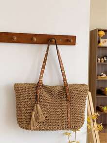 Fashion Large Capacity Woven Tassel Tote Bag, New Beach Vacation One Shoulder Underarm Straw Bag