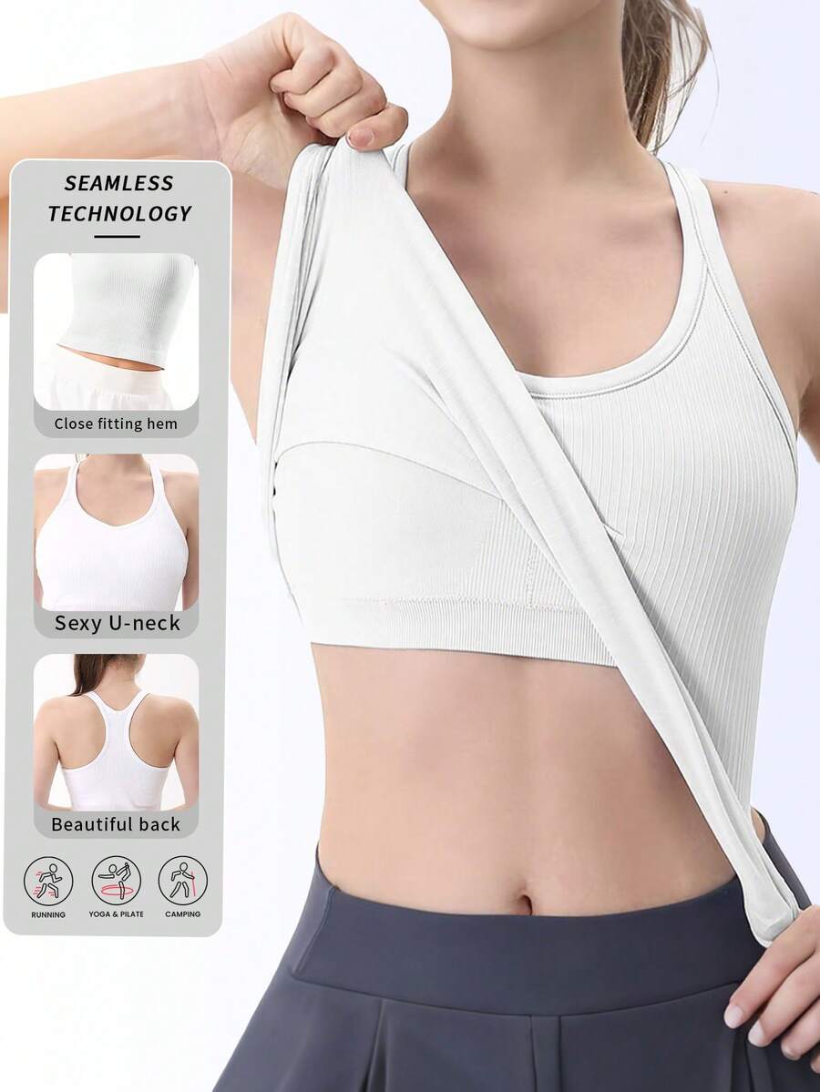 6pecil 1pc Women's Yoga Tank Top, Double Layer High Stretch Ribbed With Built-In Bra Pad, Breathable Comfortable Fitted Camisole, Racerback Sleeveless - White - View 1