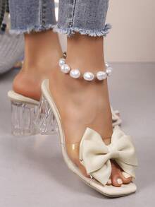 Women's Clear Square Toe Bowknot Slides High Heel, Elegant Dressy Casual Vacation Fashion Sexy PVC Plastic Slip On Sandals For Party Wedding Office Home Outdoor Summer - Clear - View 5