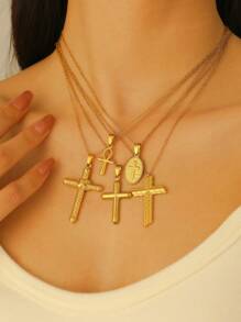 1 pièce Collier mode rétro en acier inoxydable croix, pendentif ovale creux avec chaîne en arête de poisson, convient pour un port quotidien, pour les fêtes et les festivals