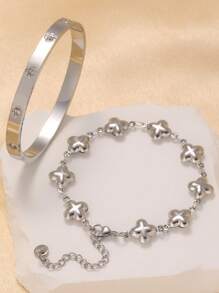 Vintage Fashion Floral Bracelet & Clover Bracelet Set, Minimalist Yet Chic Jewelry Suitable For Everyday Wear