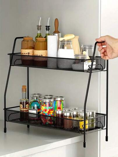 1pc Double-Layer Kitchen Iron Frame, Large Capacity Seasoning Rack, Kitchen Shelf, Stove Drain Rack, Sink Storage Basket, Seasoning Bottle Storage Box, Bathroom Skincare Product Distribution Bottle Storage Shelf, Desktop Storage Case, Makeup Organizer, Home Decoration, Mother's Day Gift,Back To School Supplies, Back To School Season Supplies, Student Storage Supplies