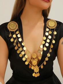 1 件夸张金币流苏女士服装配饰项链，可作为围兜项链佩戴，适合女性派对、婚礼的身体首饰 - 金色 - 查看 2