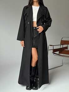 Jeta Ari Extra Long Full Length Solid Color Double-Breasted Long Sleeve Windbreaker - Black - View 8