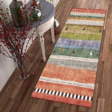 1 pieza Alfombra suave de cocina, Felpudo lavable antideslizante, Alfombra camino, Felpudo, Juego de alfombrillas de baño, sala de estar, lavandería, Alfombra de área, Decorativa apta para cocina, sala de estar, entrada, balcón, decoración del hogar, anti-suciedad, cafetería, bar, fiesta, regalo festivo, Alfombra de piso de dormitorio, Alfombra de baño, Decoración de habitación, Decoración de cocina, Diseño de reno en marco azul y blanco a rayas de fondo colorido