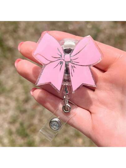 1pc Pink Bow Badge Reel, Cute Retractable Badge Holder Alligator Clip For Nurse Teacher Student Office Staff ID Tag Clip,School Supplies,Back To School