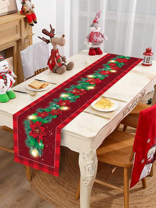 1 pieza Camino de mesa navideño, mantel con diseño de estrella de flor de Pascua a cuadros rojos, bandera de mesa de poliéster, mantel, decoración perfecta para la decoración navideña, la decoración de la fiesta de Navidad, la decoración de la mesa, la decoración del hogar, la decoración de la cocina, la decoración de Navidad, los adornos navideños
