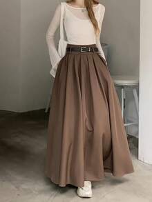 Rok Panjang Berlipit dengan Pinggang Tinggi untuk Musim Gugur/Dingin, Rok Panjang Model A-Line Elegan untuk Perjalanan, Halloween, Natal - kopi - View 2