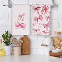 2 piezas Paños de cocina decorativos de estilo universitario en color rosa con moño de cereza, paños absorbentes decorativos para platos, manos, cocina, baño o dormitorio, regalos adecuados para mujeres y niñas