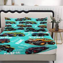 3 pièces Ensemble de draps matelassés avec imprimé de véhicule tout-terrain, protège-matelas (1 couvre-lit + 2 taies d'oreiller, taies d'oreiller non incluses), peut être personnalisé avec votre nom, ensemble de literie doux et confortable, convient aux chambres familiales, aux chambres d'amis, convient à toutes les saisons, décoration personnalisée pour la maison - Multicolore - Voir 2