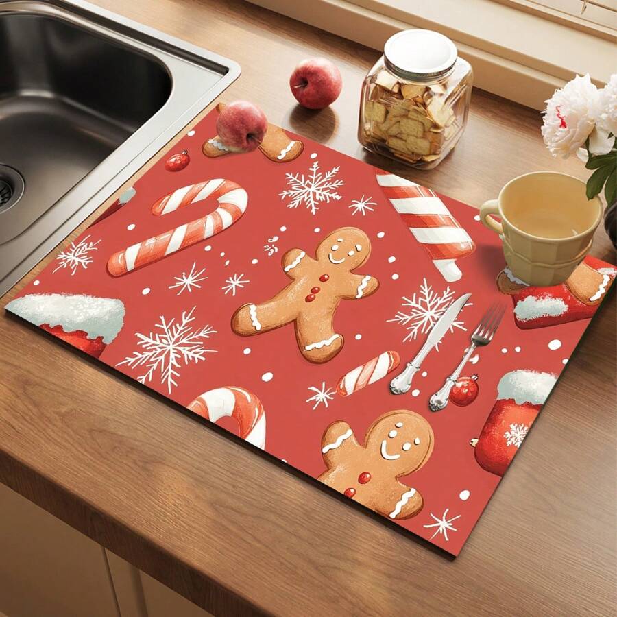 1 pieza Posavasos de silicona con impresión de carta navideña, hombre de jengibre y caramelos, antideslizante y muy absorbente, lavable, apto para encimera, cocina, mesa de comedor, decoración navideña